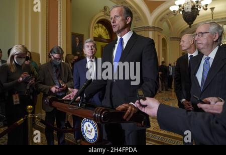Washington, United States. 02nd Nov, 2021. U.S. Senate Minority Whip Sen. John Thune (R-SD) speaks during a press conference at the U.S. Capitol in Washington, DC on Tuesday, November 2, 2021. Both Republicans and Democrats spoke during conferences following the republican caucus luncheon at the United States Capitol. Photo by Leigh Vogel/UPI Credit: UPI/Alamy Live News Stock Photo