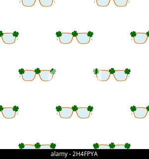 Illustration on theme Irish holiday St Patrick day, seamless eyeglasses. Pattern St Patrick day consisting of many identical eyeglasses on white backg Stock Vector