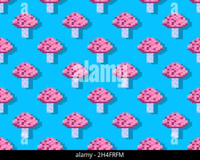 Pixel mushrooms seamless pattern. 8 bit mushroom, retro graphics in the style of the 80s - 90s. Design for printing, wrapping paper and advertising. V Stock Vector