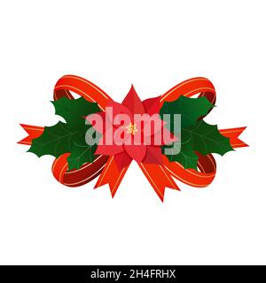 Christmas satin bow decoration with poinsettia flower and holly leaves. Vector christmas traditional design element isolated on white background. Stock Vector