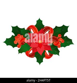 Christmas decoration with poinsettia flower, holly leaves and red satin bow and berries. Vector christmas traditional design element decoration of hol Stock Vector