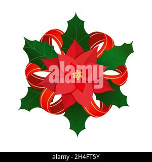 Christmas satin bow decoration with poinsettia flower and holly leaves. Vector christmas traditional design element isolated on white background. Stock Vector