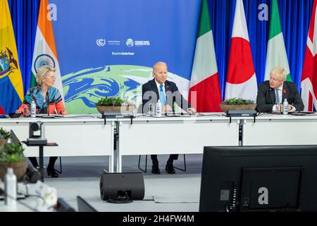 Glasgow, United Kingdom. 02nd Nov, 2021. U.S President Joe Biden with President of the European Union Commission Ursula von der Leyen, left, and British Prime Minister Boris Johnson, right, during a breakout session on the second day of the COP26 U.N. Climate Summit at the Glasgow Science Centre November 2, 2021 in Glasgow, Scotland.Credit: Adam Schultz/White House Photo/Alamy Live News
