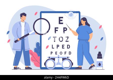 Flat ophthalmologist check eyesight with eye test chart and eyeglasses. Woman oculist with pointer measure visual acuity. Doctor diagnose ophthalmic problem in hospital. Ophthalmic exam concept. Stock Vector