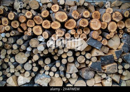 Abstract patterns of cut firewood used by local people in the high altitudes of eastern Europe. Stock Photo