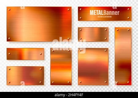 Realistic copper banners collection. Brushed stainless steel plate with rivets. Polished metal surface. Scratched industrial texture, metal background Stock Vector