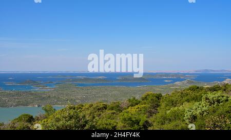 View of Kornati islands over Lake Vrana (Drage, Croatia), sunny day in late summer, blue sky Stock Photo