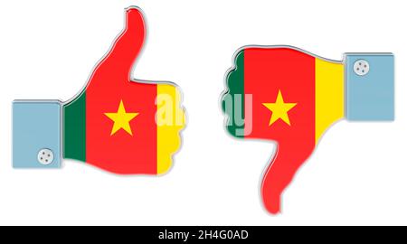 Cameroonian flag painted on the hand with thumb up and thumb down. Like and dislike in Cameroon, concept. 3D rendering isolated on white background Stock Photo