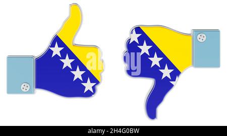 Bosnian flag painted on the hand with thumb up and thumb down. Like and dislike in Bosnia and Herzegovina, concept. 3D rendering isolated on white bac Stock Photo