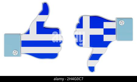 Greek flag painted on the hand with thumb up and thumb down. Like and dislike in Greece, concept. 3D rendering isolated on white background Stock Photo