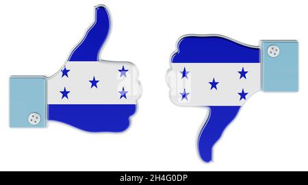 Honduranian flag painted on the hand with thumb up and thumb down. Like and dislike in Honduras, concept. 3D rendering isolated on white background Stock Photo