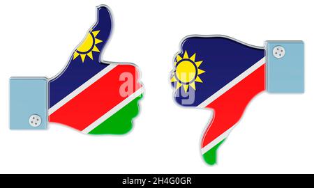 Namibian flag painted on the hand with thumb up and thumb down. Like and dislike in Namibia, concept. 3D rendering isolated on white background Stock Photo