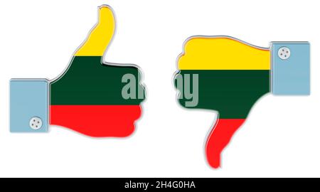 Lithuanian flag painted on the hand with thumb up and thumb down. Like and dislike in Lithuania, concept. 3D rendering isolated on white background Stock Photo