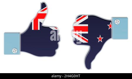 New Zealand flag painted on the hand with thumb up and thumb down. Like and dislike in New Zealand, concept. 3D rendering isolated on white background Stock Photo