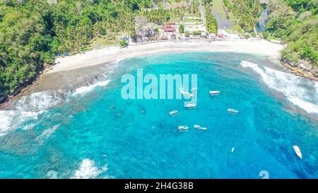 Photo from flying drone of an amazingly beautiful blue sea landscape with turquoise water Stock Photo