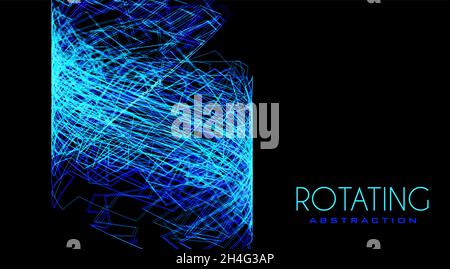 Rotating abstraction by thin blue tangled lines on black background. Complicated vector graphic structure. Futuristic design Stock Vector