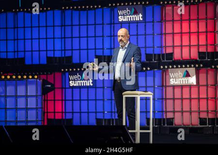 Lisbon, Portugal. 02nd Nov, 2021. Simon Segars, chief executive officer (CEO) of ARM, speaks on the centre stage during day two of the Web Summit in Lisbon.This is one of the largest technology conferences in the world and also a meeting point for the debate on technological evolution in people's lives. This year, around 40.000 participants are expected to attend the Web Summit which runs from 1st-4th November at Parque das Nacoes in Lisbon. Credit: SOPA Images Limited/Alamy Live News Stock Photo