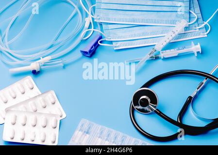 Medical equipments with stethoscope, scissors, syringes and other ...