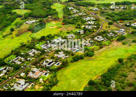 A bird's-eye view of the town and Golf courses on the island of Mauritius.Villas on the island of Mauritius.Golf course. Stock Photo