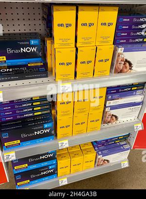 COVID-19 antigen self-test kits for sale at Walgreens drug store Stock Photo