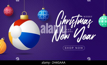 beach ball Christmas card. Merry Christmas holiday relax sunny greeting card. Hang on a thread beach ball as a xmas ball and golden bauble on black ba Stock Vector