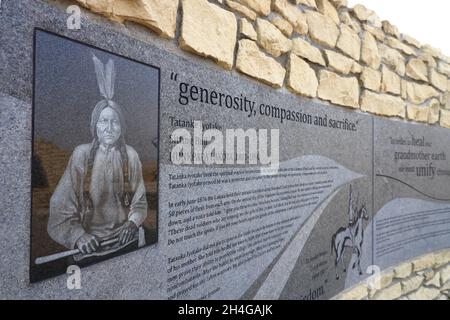 Indian Memorial with Hunkpapa Lakota leader Sitting Bull's Photography at Little Bighorn Battlefield National Monument.Crow Agency.Montana.USA Stock Photo