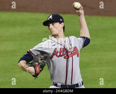 Houston, Texas. Nov. 2, 2021, Max Fried of the Atlanta Braves pitches  against the Houston Astros in Game 6 of the World Series on Nov. 2, 2021,  at Minute Maid Park in