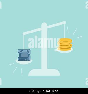 On the scales there is a microchip and coins. The cost of electronic microcircuits is increasing due to the global shortage of microchips. Stock Vector