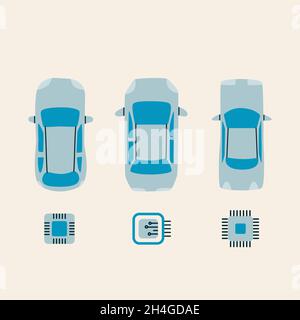 Set of cars with microchips. Car circuit board sign. Semiconductor and computer chip supply chain shortage. Vector flat illustration. Stock Vector