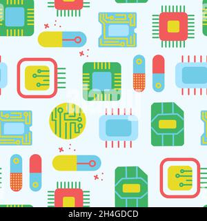 Microcircuits, electrical circuit, processor with CPU microcircuits. Vector seamless pattern. Circuit technology background with hi-tech digital data Stock Vector