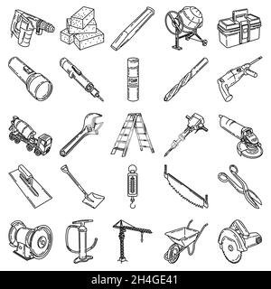 Contractor Accessories and Equipment Device Hand Drawn Icon Set Vector. Stock Vector