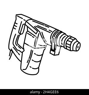 Hammer Drill Part of Contractor Material and Equipment Device Hand Drawn Icon Set Vector. Stock Vector