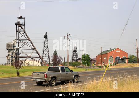 Mine yards with mine shaft headframes in Butte a former mining town in Montana.USA Stock Photo