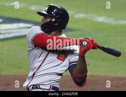 Houston, United States. 02nd Nov, 2021. Atlanta Brave designated hitter Jorge Soler hilts a three-run homer against the Houston Astros during third inning in game six in the MLB World Series at Minute Maid Park on Tuesday, November 2, 2021 in Houston, Texas. Houston returns home facing elimination trailing Atlanta 3-2 in the series. Photo by Johnny Angelillo/UPI Credit: UPI/Alamy Live News Stock Photo