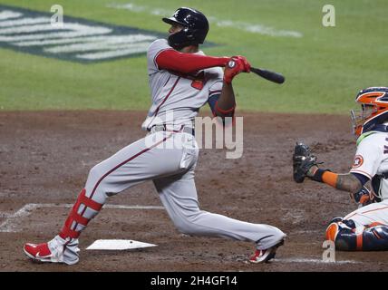 Houston, United States. 02nd Nov, 2021. Atlanta Brave designated hitter Jorge Soler hilts a three-run homer against the Houston Astros during third inning in game six in the MLB World Series at Minute Maid Park on Tuesday, November 2, 2021 in Houston, Texas. Houston returns home facing elimination trailing Atlanta 3-2 in the series. Photo by Johnny Angelillo/UPI Credit: UPI/Alamy Live News Stock Photo