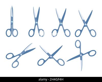 Blue scissor flat cartoon style icon set. Open scissors or different closed. Needlework shear or school and office. Stationary for education. Simple cutting tools Isolated on white vector illustration Stock Vector