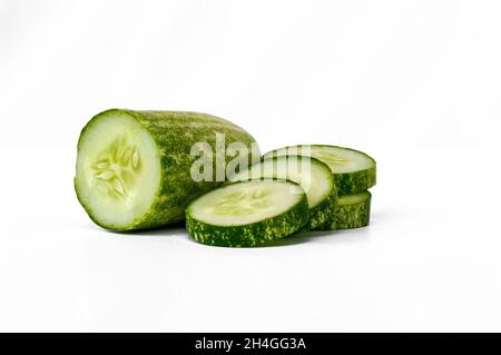 Sliced cucumber for fresh vegetables, isolated on white background, copy space Stock Photo