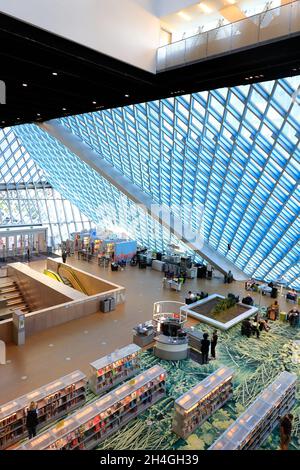 Interior view of Seattle Central Library with sloped glass roof.Downtown Seattle.Washington.USA Stock Photo