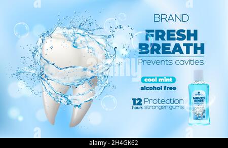 Mouth rinse or mouthwash dental care product bottle in water splash drops with white tooth, vector poster. Cool mint and alcohol free mouthwash, oral Stock Vector