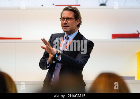 Lisbon, Portugal. 02nd Nov, 2021. Andreas Scheuer, Germany Infrastructures Minister addresses the audience during the second day of the Web Summit 2021 in Lisbon. (Photo by Bruno de Carvalho/SOPA Images/Sipa USA) Credit: Sipa USA/Alamy Live News Stock Photo