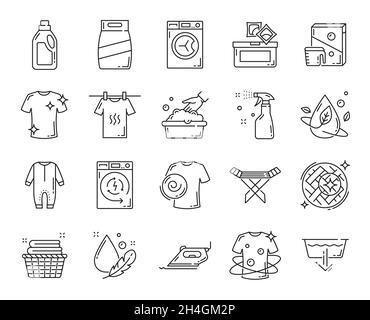 Washing and dry cleaning line icons, vector laundry detergents and symbols. Clothes cleaning and laundromat icons of washing machine, fabric softener Stock Vector