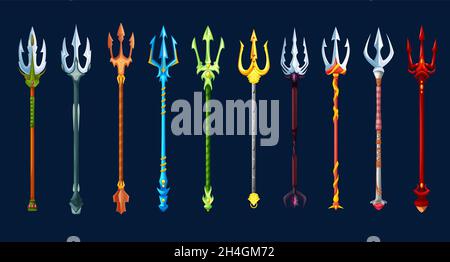 Fantasy magic tridents game weapon asset. Poseidon god, gladiator warrior, devil or demon golden, silver and red pitchfork weapon cartoon vector GUI i Stock Vector
