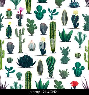 Mexican desert cactuses, prickly succulent plants seamless pattern. Cartoon vector cacti flowers with spikes and blooming blossoms, tropical floral wa Stock Vector