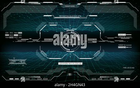 HUD target aim control, futuristic display monitor screen interface. Vector sci fi , UI frame, optical aiming, spaceship crosshair. Gun focus indicati Stock Vector