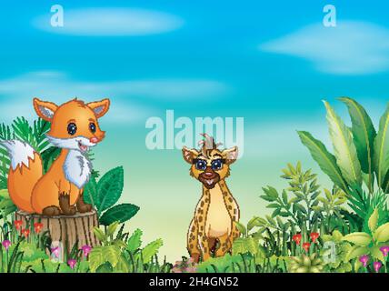 Nature scene with a fox sitting on tree stump and hyena Stock Vector