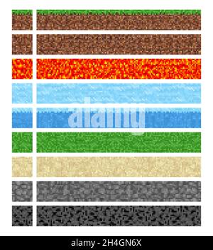 Game cubic pixel textures. Water, ice and ground, stone, grass and sand, lava, coal and magma, granite blocks. Retro computer game level environment d Stock Vector