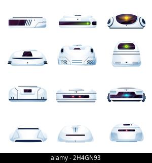 Vacuum cleaner robots, modern vector household equipment for home clean up, ai robotics electronics tools for cleaning and washing floor. Isolated hom Stock Vector