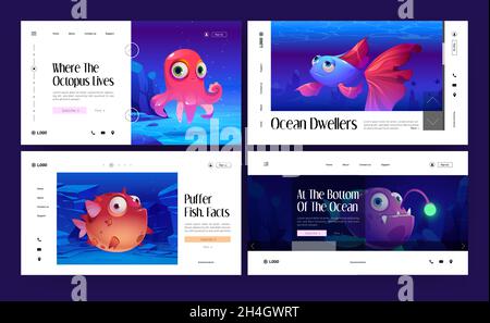 Underwater sea wildlife banners with octopus, puffer fish, angler and betta fish. Vector landing pages of ocean dwellers with cartoon illustration of cute marine animals Stock Vector