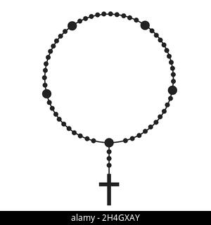 Rosary beads silhouette. Prayer jewellery for meditation. Catholic chaplet with a cross. Religion symbol. Vector isolated illustration Stock Vector