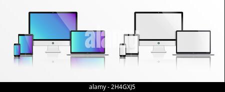 Mockup of Realistic Computer, laptop, tablet, and phone. Set of flat gadgets isolated on white background. Easily Editable Vector. Vector illustration Stock Vector